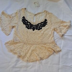 Free People Cream and Black Flutter Sleeve Blouse